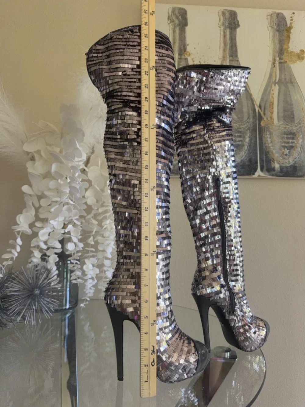 Sequin Over-the-Knee Platform Stiletto Boots - Silver